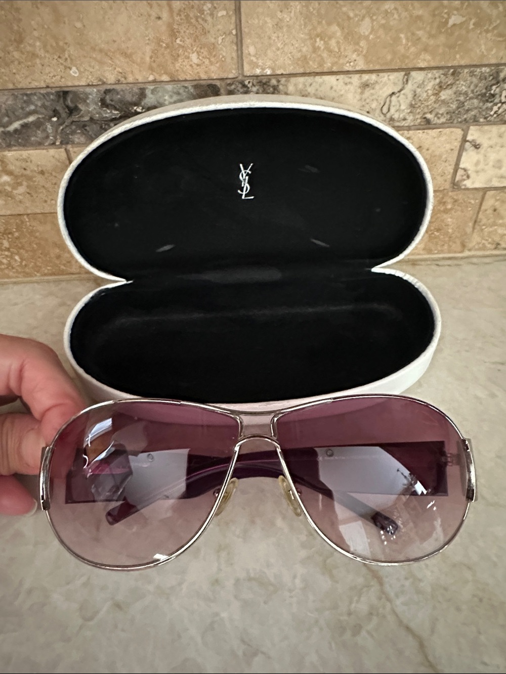 Yves Saint Laurent Pink Gradient Aviator Sunglasses with Silver Frame and Case